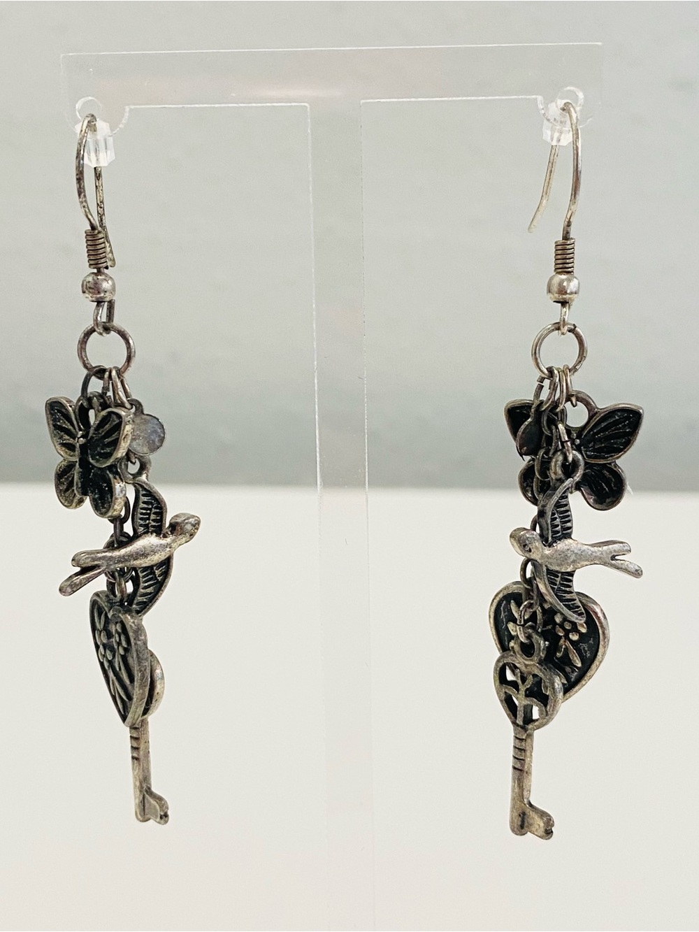 Silvertone Charm Dangle Earrings Butterfly Bird Heart Key Boho Cottagecore